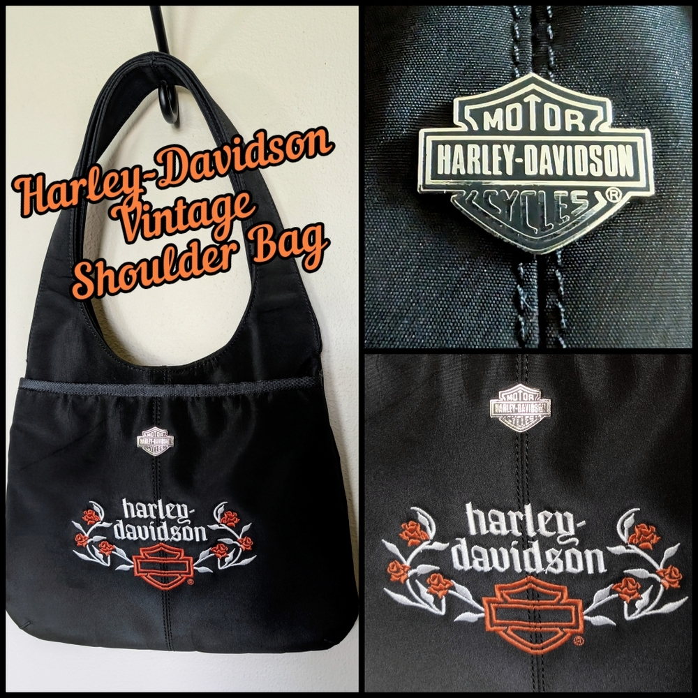 Harley-Davidson, Vintage, Embroidered Floral, Bar & Shield, Black Shoulder Bag,